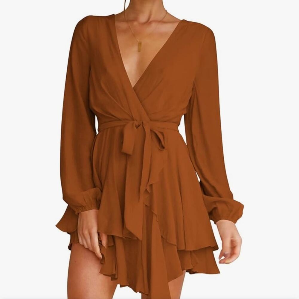 Women's Dress Deep V-Neck Long Sleeve Waist Tie Ruffle Mini Swing Skater Dress